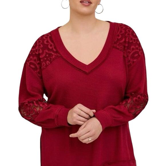 Torrid Waffle V-neck Lace Inset Pullover Sweatshirt Rhubarb Sz 4 - Picture 1 of 16